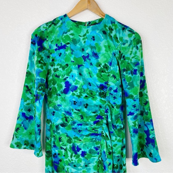 Zara Blue & Green Floral Long Sleeve Ruched Midi Dress - Picture 5 of 9